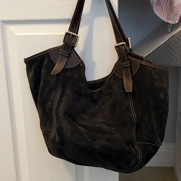 Charcoal Grey Suede with Brown Leather Handle Shoulder Bag - Picture 2 of 7